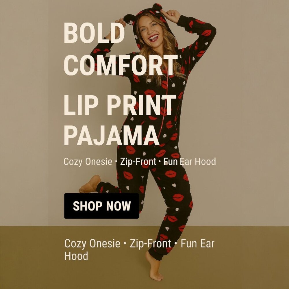 Lip Print Novelty Plush Soft Fleece Hooded Pajamas – Cozy One-Piece Zip-Up S/M